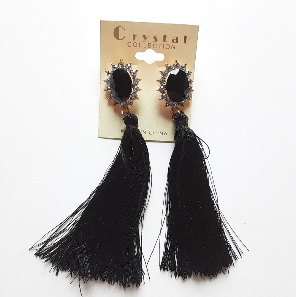 Crystal Collection Black Tassel Earrings
